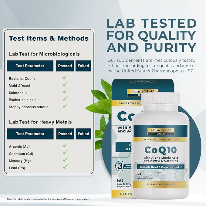 Nature's Lab CoQ10 200mg with Alpha Lipoic Acid & L-Carnitine - High Absorption Heart & Brain Support - Energy & Mitochondrial Function - 60 Capsules Gold