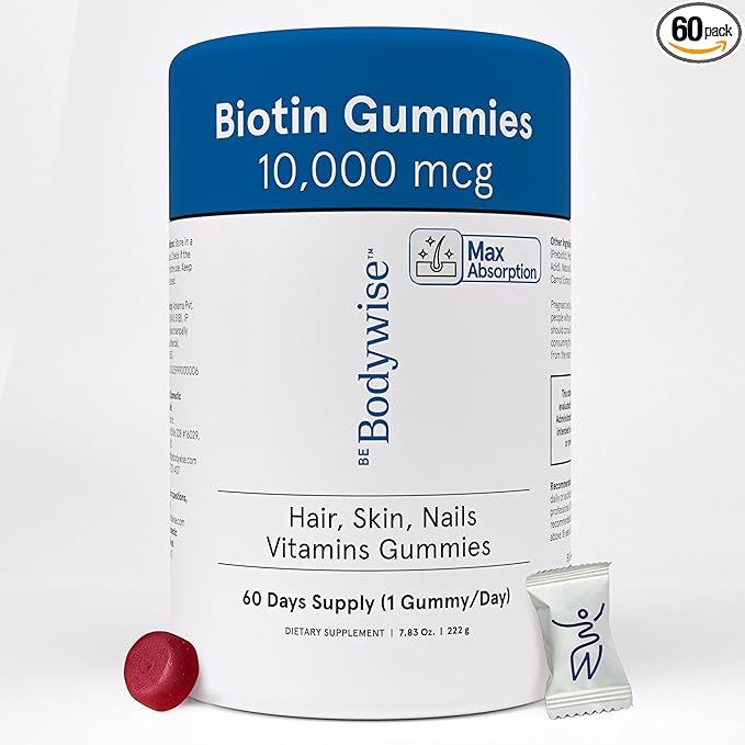 Be Bodywise Biotin 10000mcg Gummies | Hair Nail and Skin Vitamins | Biotin for Hair Growth for Women | Refined Sugar Free | 60 Day Pack (1 Gummy/Day) | Max Absorption