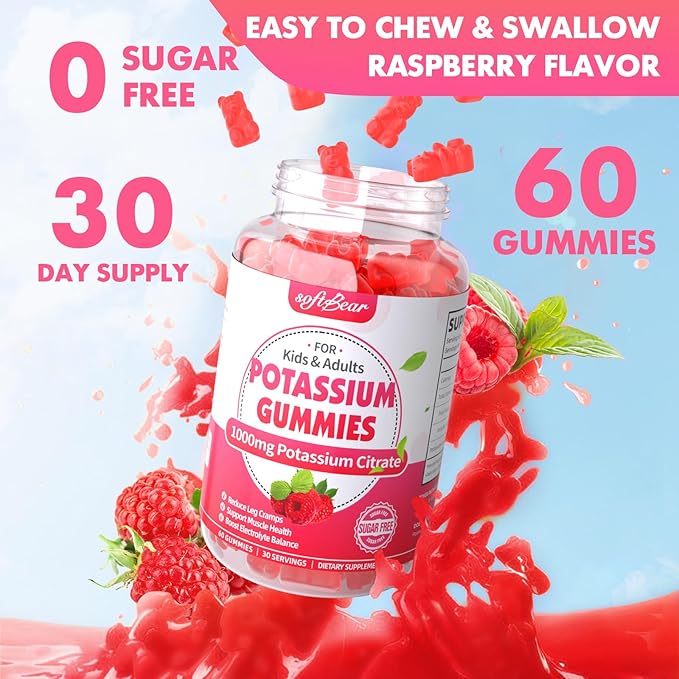 softbear Potassium Citrate 1000mg Gummies – High Absorption Potassium Gummies for Muscle Support & Electrolyte Balance – Potassium Supplement for Women & Adults, Vegan, Raspberry Flavor (120 Count)