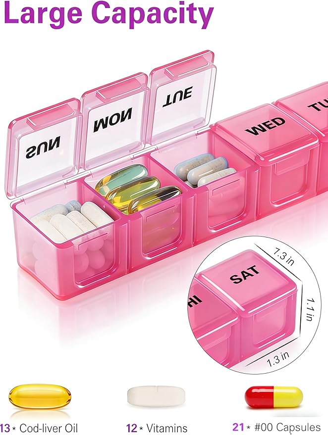 BUG HULL Weekly Pill Organizer Large 2 Packs, Extra Large Travel Pill Organizers, Pill Box 7 Day, Travel Pill Case, Medicine Pill Organizer for Vitamins, Supplements and Medications (White+Pink)
