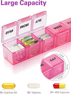 BUG HULL Weekly Pill Organizer Large 2 Packs, Extra Large Travel Pill Organizers, Pill Box 7 Day, Travel Pill Case, Medicine Pill Organizer for Vitamins, Supplements and Medications (White+Pink)
