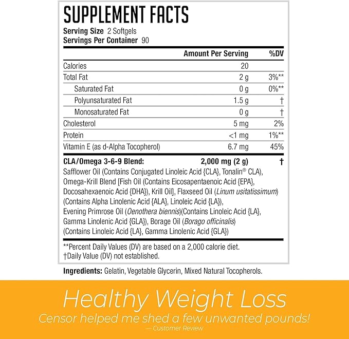 Censor NDS Nutrition Fat Loss and Body Toner with CLA, Fish Oil, Safflower and Omega 3-6-9 Blend - Dietary Supplement for Improved Energy, Metabolism and Health - 180 Softgels