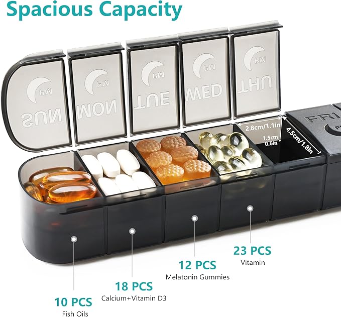 FHORAIN XL AM PM Pill Organizer 2 Times a Day, Fade Resistant Extra Large Weekly Pill Box 7 Day, Double-Sided 14 Compartments for Vitamins, Fish Oil, Supplements & Gummies (Black)