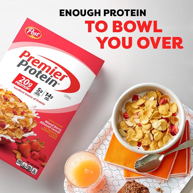 Premier Protein Mixed Berry Almond Cereal, Protein Cereal Flakes Mixed with Dried Berries and Sliced Almonds, Contains 20g of Protein Per Serving, 9 OZ Box