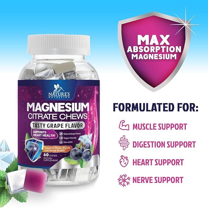 Magnesium Citrate Chews Supplement - High Absorption Magnesium Gummies Supplement - Vegan Mag Citrate Soft Chews Gummy for Adults - Relaxation & Calm Support - Delicious Grape Flavor - 60 Gummies