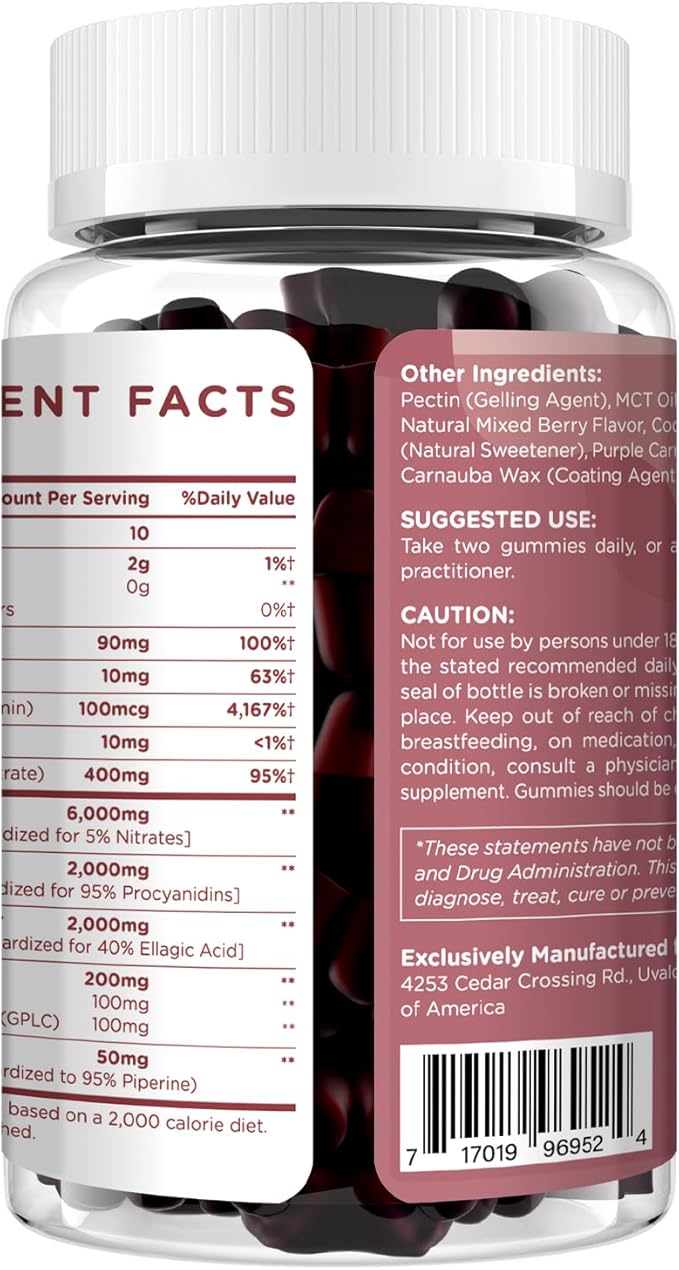 Beet Root Gummies 6000mg – Nitric Oxide Booster with Grape Seed, Pomegranate, Vitamins C & B12 – Nitric Oxide Supplements for Men – Mixed Berry Flavor – 60 Gummies