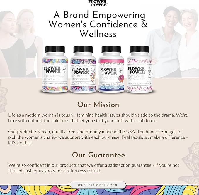 Flower Power Boric Acid Suppositories for Women - 30 Capsules - 600mg for Vaginal pH Balance & Freshness - Vegan, Made in USA