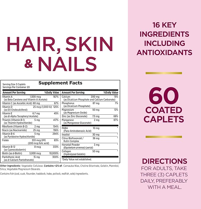 Nature's Bounty Optimal Solutions Hair, Skin & Nails Formula, with 3,000 mcg Biotin, 60 Count (Pack of 3)