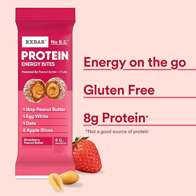 RXBAR Protein Energy Bites, Gluten Free Protein Balls, Strawberry Peanut Butter, 21.1oz Box (24 Bites) 