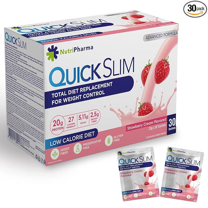 Quick Slim Meal Replacement Shake for Weight Loss, 30 Servings, Complete Meal Replacement Powder, Low Carb Diet Shakes for Women & Men, 20g Protein, 27 Vit & Min, Fiber, Gluten Free (Strawberry Cream)