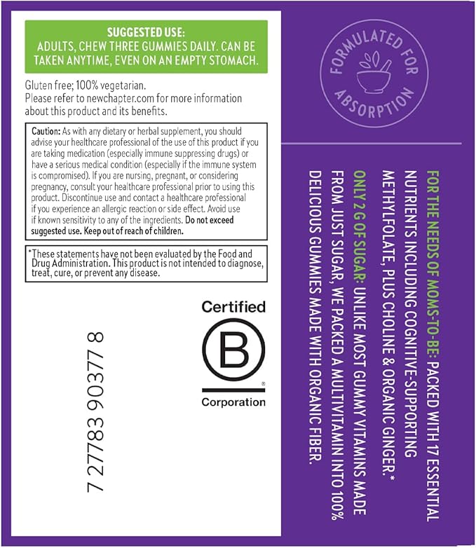 New Chapter Prenatal Multivitamin Gummies – 67% Less Sugar, Prenatal Gummies for Mom & Healthy Baby with Methylfolate, Vitamin D3, Choline + Ginger, Non-GMO, Gluten Free, Berry Citrus, 90ct