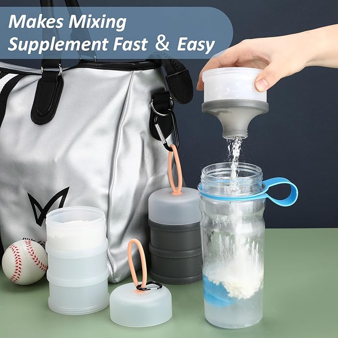 Baderke 2 Pcs Protein Powder Container with Funnels Stand, 4 Stackable Leakproof Protein Powder Dispenser, Portable Keychain Powder Container for Workout, Fitness, Travel(White, Blue)