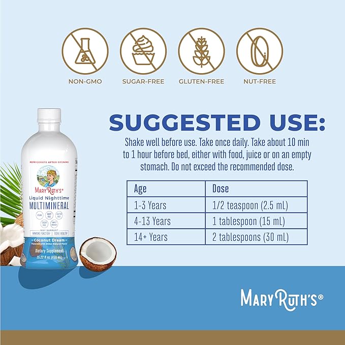 MaryRuth's Liquid Nighttime Multimineral | No Melatonin | Bedtime Routine | Magnesium Citrate | Calcium | Zinc | Vitamin D3| Available in 4 Flavor - Vegan | Sugar Free | Gluten Free | 15.22 Oz