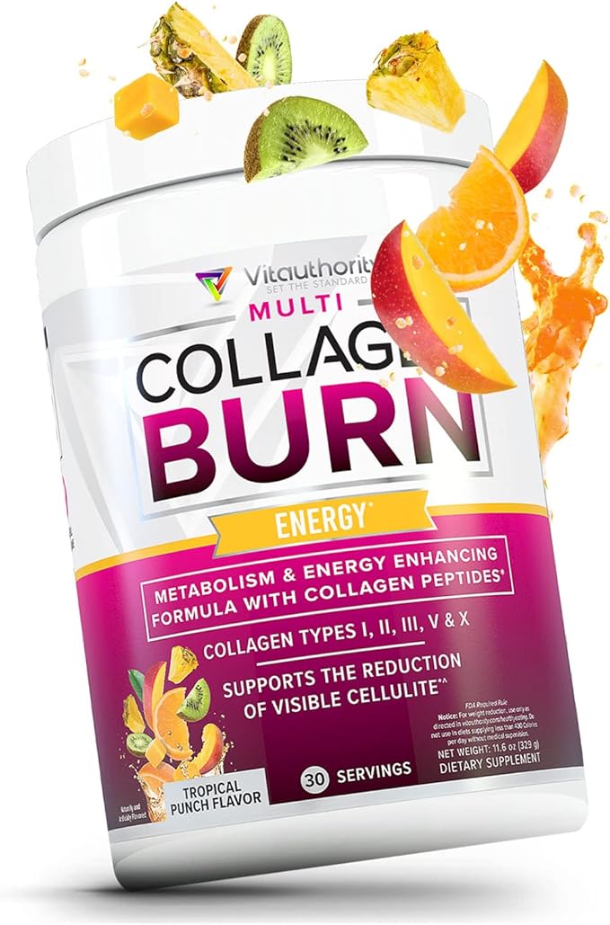 Multi Collagen Burn: MultiType Hydrolyzed Protein Peptides with Hyaluronic Acid, Vitamin C, SOD B Dimpless, Types I, II, III, V and X, with Caffeine 30 Servings Tropical Punch Flavored