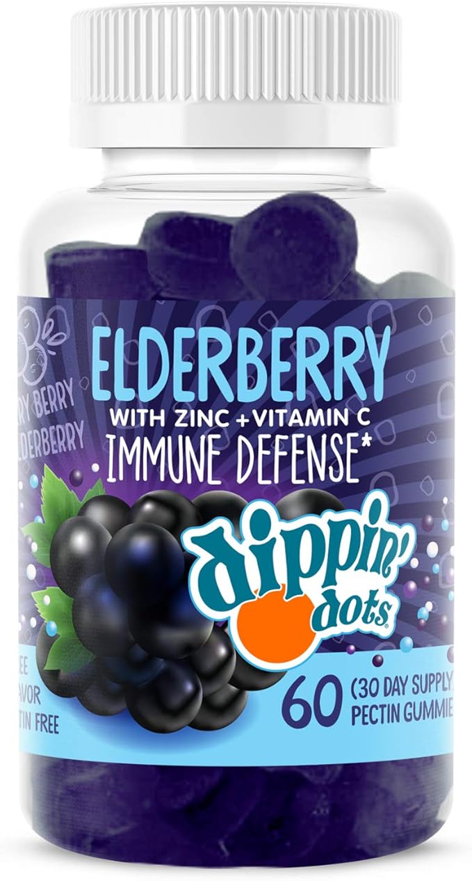 Dippin' Dots - Sambucus Elderberry + Vitamin C + Zinc Immune Support Gummies - Black Elderberry Gummies for Adults & Kids, Gelatin Free Gluten Free Immune Support Supplement for Women & Men (60 Count)