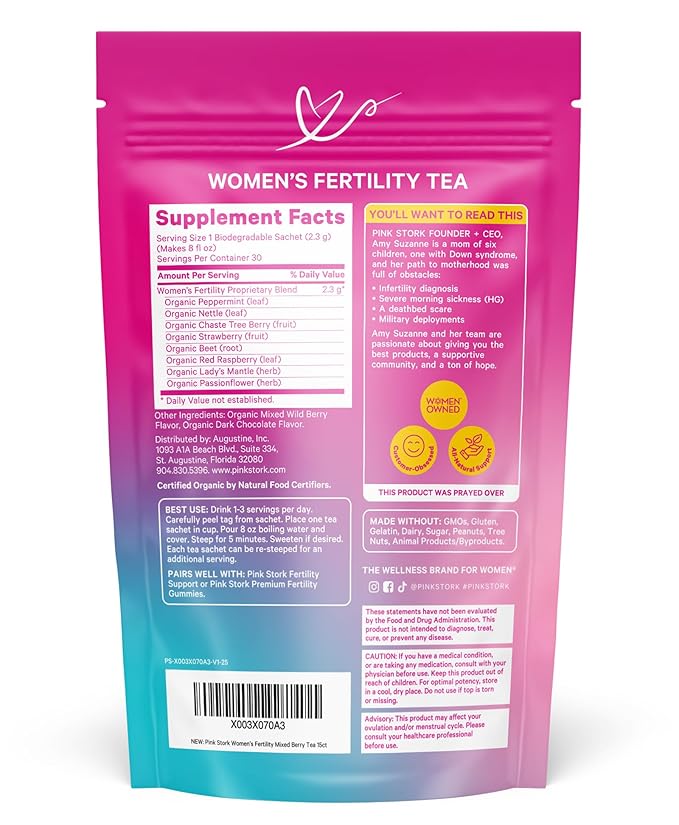 Pink Stork Organic Fertility Tea for Women | Fertility Supplements for Women with Chaste Tree Berry (Vitex) + Red Raspberry Leaf | Hormone Balance Herbal Tea for Conception Support | USDA Organic, Caffeine Free - Mixed Berry, 15 Sachets