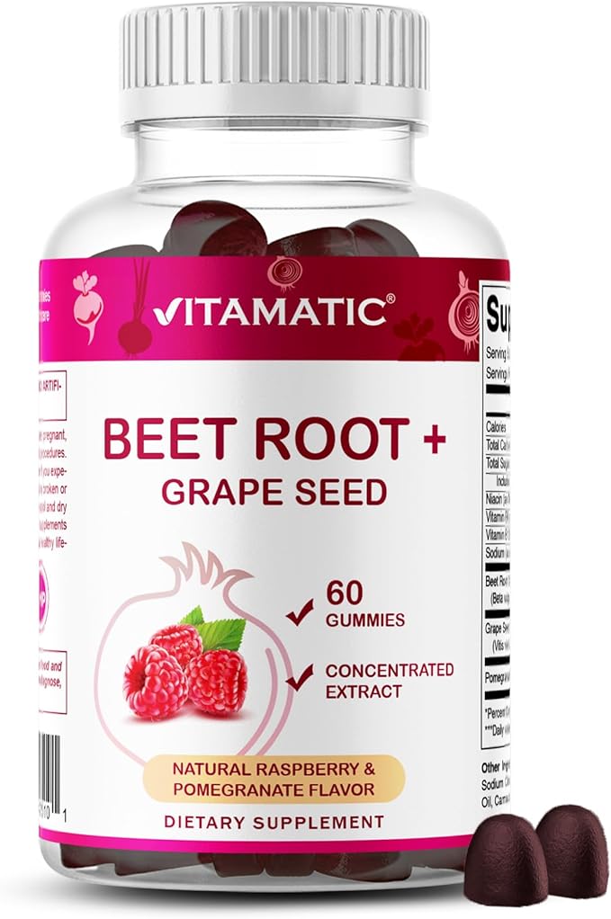 Vitamatic Beet Root Gummies with B6, B12, Grape Seed, Pomegranate & Nicotinamide – Plant-Based Extract – Vegan, Non-GMO – Botanical Supplement Gummies – 60 Count