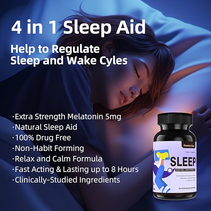 4 in 1 Sleep Aid for Adults, Melatonin 6mg with Rhodiola Rosea, GABA 250 mg, L Theanine 250mg, Relaxation and Sleep Supplement, 60 Capsules