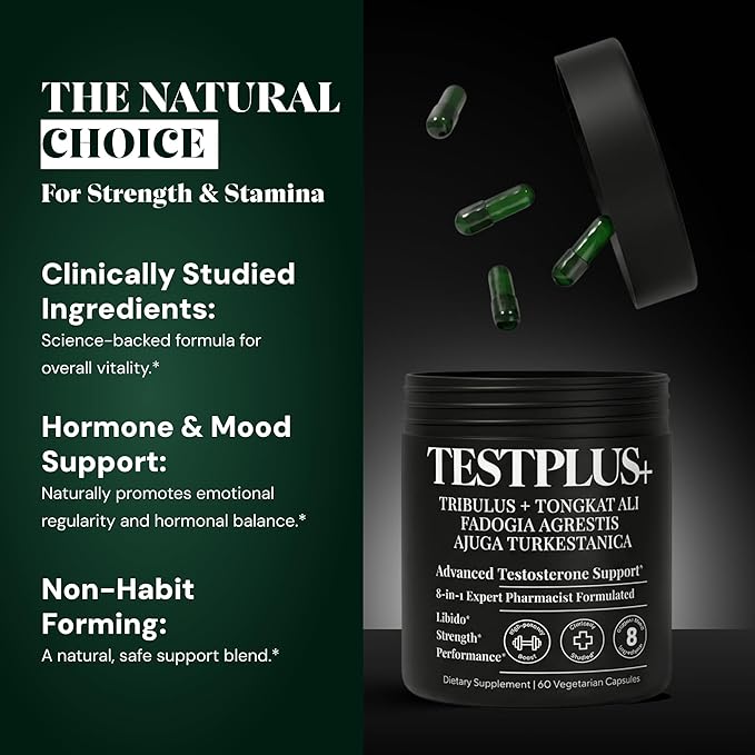 TESTPLUS+ 1,450mg 8-in-1 Testosterone Support for Men - High Strength Tongkat Ali, Fadogia Agrestis, Turkestanica & Tribulus - Natural Performance, Energy & Muscle Growth Formula (60 Capsules)