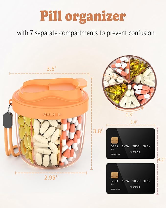 Pill Organizer with 7 Compartments, Pill Box Case for Holding 7 Different Vitamins, Anti-Mix Design for Easy Medication Retrieval. Travel Pill Organizer with 20 Labels.Pill Container（Orange）
