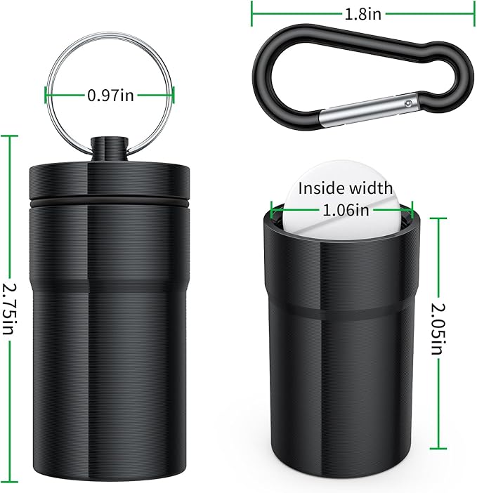 Urekt Portable Pill Case Keychain (2 Pack), Large Waterproof Aluminum Pill Box for Round Glucose Tablets & Critical Medicine, Small Pill Holder Travel Pill Container Bottle with Carabiners