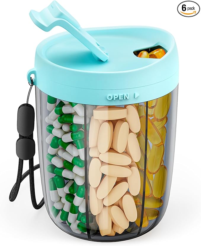 PULIV Large Supplement Organizer Bottle, Holds Plenty of 6 Various Vitamins in 1 Pill Dispenser with Anti-Mixing & Wide Openings Design, Easy to Retrieve Meds, Includes 20 Pcs Stick-on Labels Cyan