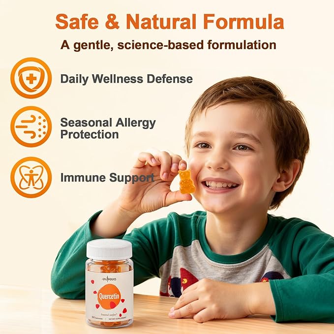 Quercetin 500mg Gummies for Kids, with Bromelain, Vitamin C & D3, Stinging Nettle & Licorice, Seasonal Balance & Body Defenses, Vegan, 60 Gummies