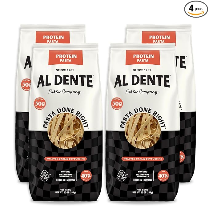Al Dente Protein Pasta Roasted Garlic Fettuccine – 30g High Protein in 3.5oz Serving, Lower Carb. Cage-Free Eggs & Semolina. (Previously Carba-Nada, Packaging May Vary) - 10oz Bags (Pack of 4)