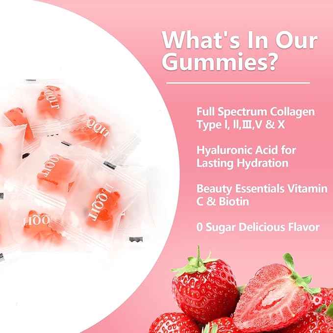 60 Count Multi-Collagen Peptides Gummies for Women - Packed with Types I, II, III, V, X, Vitamins C, E, Zinc & Hyaluronic Acid - Non-GMO & Gluten Free