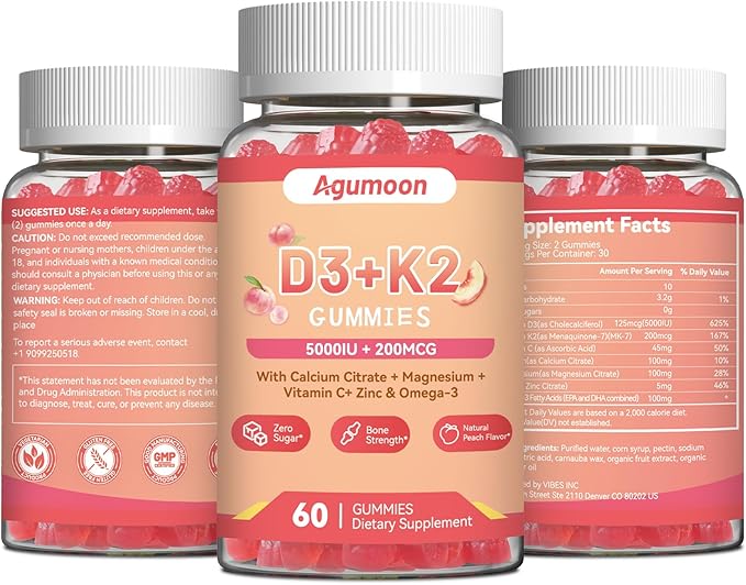 Vitamin D3 K2 Gummies for Adults - Vitamin D3 5000IU + K2 (MK-7) 200mcg, with Calcium Citrate, Magnesium Citrate, Omega-3 for Bone, Muscle, Teeth Immune - 60 Gummies
