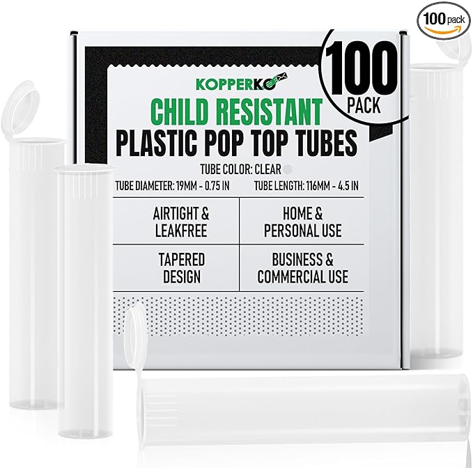 Kopperko Travel Medicine Container (116mm, 4.6 Inch 100-Pack) | Child Resistant Plastic Storage Tube | Mini Storage Tube for Spices | Airtight, UV Resistant & Waterproof (Clear Plastic)