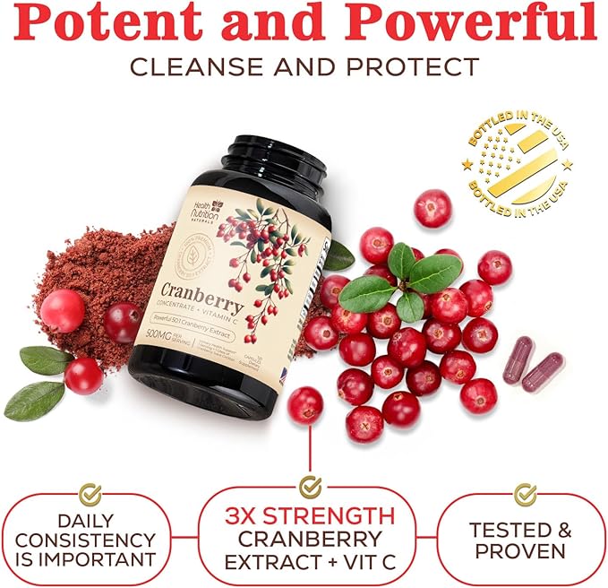 Cranberry Extract 500mg Per Serving - Cranberry Powder Supplement with Vitamins C - Urinary Tract Health Support, Cran Berry Fruit, Sugar Free Formula, Bottled in USA - 120 Capsules