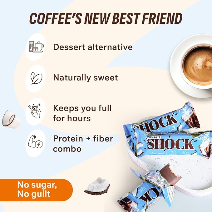 Fitness SHOCK Coconut Chocolate Bars - No Added Sugar, Low Calorie Guilt-Free Low Carb Snack - 0g Added Sugar, Only 180 Kcal, 13g Net Carbs, 7mg Sodium - 12 x 50g