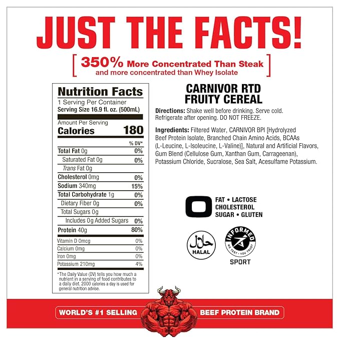 MuscleMeds Carnivor RTD, Ready to Drink Protein, Lactose Free, Sugar Free, 40g Isolate Protein, Muscle Building, Recovery, Halal Certified, Fruity Cereal, 16.9 Fl Oz (Pack of 12)