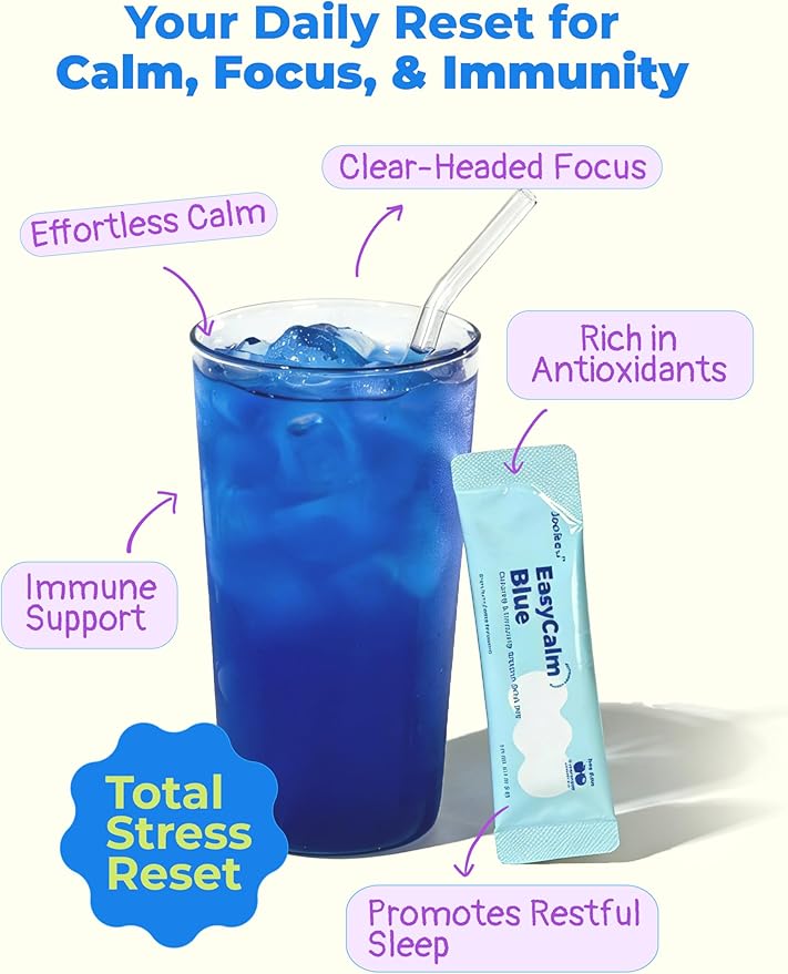 Easy Calm Blue - Calming Drink Mix with Magnesium KSM-66 Ashwagandha & Blue Spirulinac L-theanine Lion's Mane Mushroom GABA Vitamin D3 Supports Cortisol Balance Mood Sleep