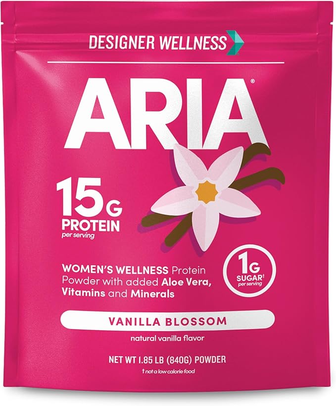 Designer Wellness, Aria, Women's Wellness Low Calorie Vanilla Protein Powder with Biotin, Vitamin C and Organic Aloe, Vanilla Blossom, 1.85 Pound