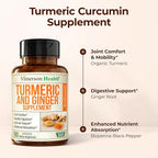Turmeric Curcumin Supplement with Ginger Root for Joint Support, Digestive & Gut Health - Contains Organic Turmeric Curcumin with Black Pepper (Bioperine) for Enhanced Absorption - 180 Capsules