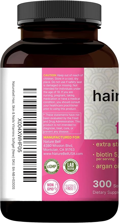 NatureBell Hair, Skin & Nails* Vitamins for Women – 5000mcg Biotin, Collagen, Keratin, Hyaluronic Acid, Argan Oil & B‑Complex – 21‑in‑1 Formula with MCT Oil, 300 Softgels (100 Days Supply)