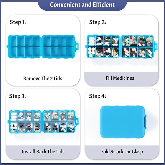 Foldable Weekly Pill Organizer 2 Times a Day with 2 Extra Compartments (Clear Printed Labels) - Portable 7 Day AM PM Medicine Box, Week Daily Travel Pill Case Holder for Vitamin, Supplement - Blue