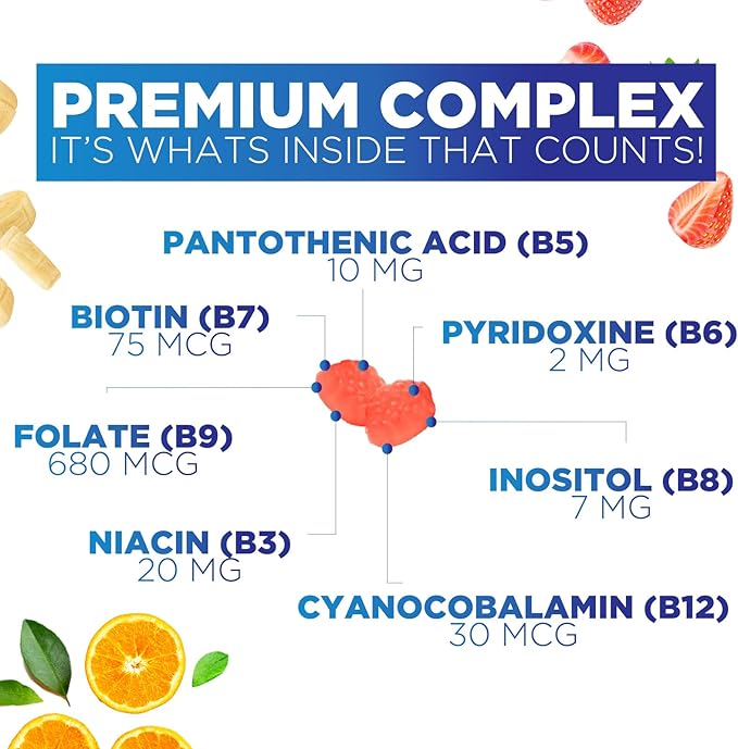 Vitamin B Complex Gummies - Extra Strength Super B Vitamin Gummy with Vitamin C For Immune Support - Energy Support Supplements with Folic Acid, Niacin, B6, B12 & Biotin for Men & Women - 60 Gummies