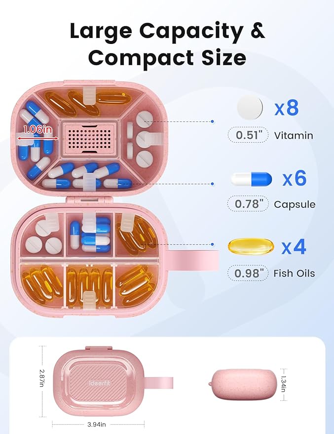 Travel Pill Organizer, Daily Pill Box 8-10 Compartments Adjustable, 7 Day Weekly Label Small Pill Case, Portable Medicine Container Moisture Proof Vitamin Supplement for Pocket Purse-Purple