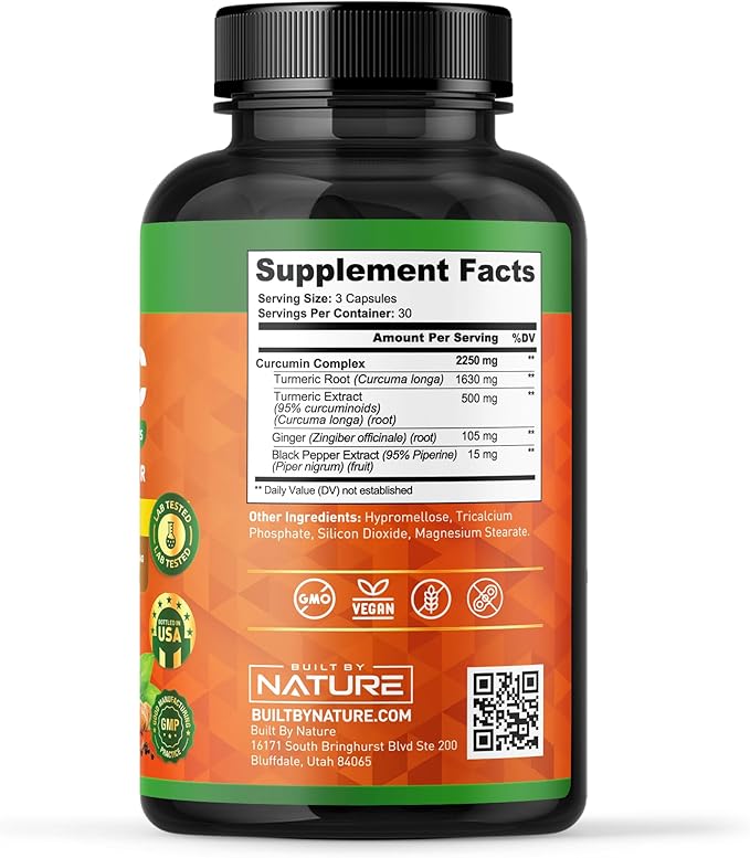 Built by Nature Turmeric Curcumin 2250mg – 95% Curcuminoids with Ginger & Black Pepper for High Absorption – Extra Strength Joint Support – Non-GMO, Vegan - 90 Capsules