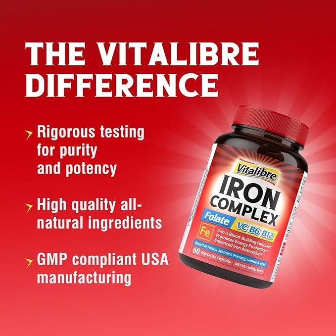 Iron Supplement for Women & Men, with Vitamins C, B6, B12 & Folate for Iron Deficiency, Blood Building & Energy Support, Stomach Friendly, Better Absorption, Non-GMO, No Gluten, 60 Vegan Caps