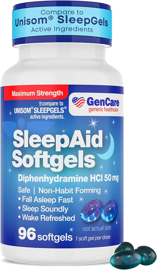 GenCare Maximum Strength Nighttime Sleep Aid Supplement for Adults Deep Sleep Pills with Diphenhydramine HCl 50mg to Fall Asleep Faster- Strong Non-Habit Forming PM Sleeping Relief [96 Softgels]