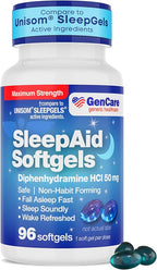 GenCare Maximum Strength Nighttime Sleep Aid Supplement for Adults Deep Sleep Pills with Diphenhydramine HCl 50mg to Fall Asleep Faster- Strong Non-Habit Forming PM Sleeping Relief [96 Softgels]