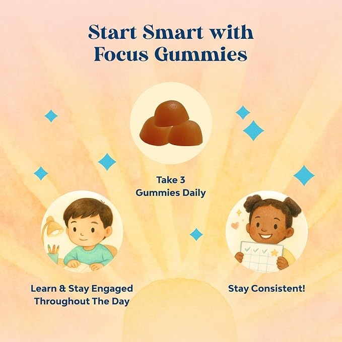Kids Focus Gummies - Nootropics Brain Support Supplement for Kids with Green Tea Extract, B6 & B12 Vitamins for Memory and Brain Focus - Herbal Concentration Chews for Children - 90 Count