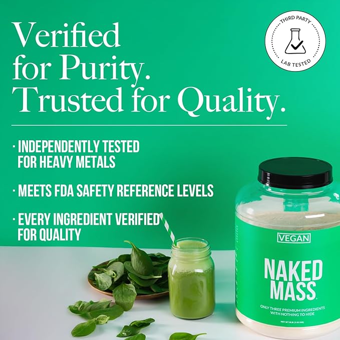 NAKED Vegan Mass - Natural Vegan Weight Gainer Protein Powder - 1,230 Calories, NSF Certified, Non-GMO, Soy & Gluten Free, No Artificial Ingredients - 8LB Bulk - 11 Servings