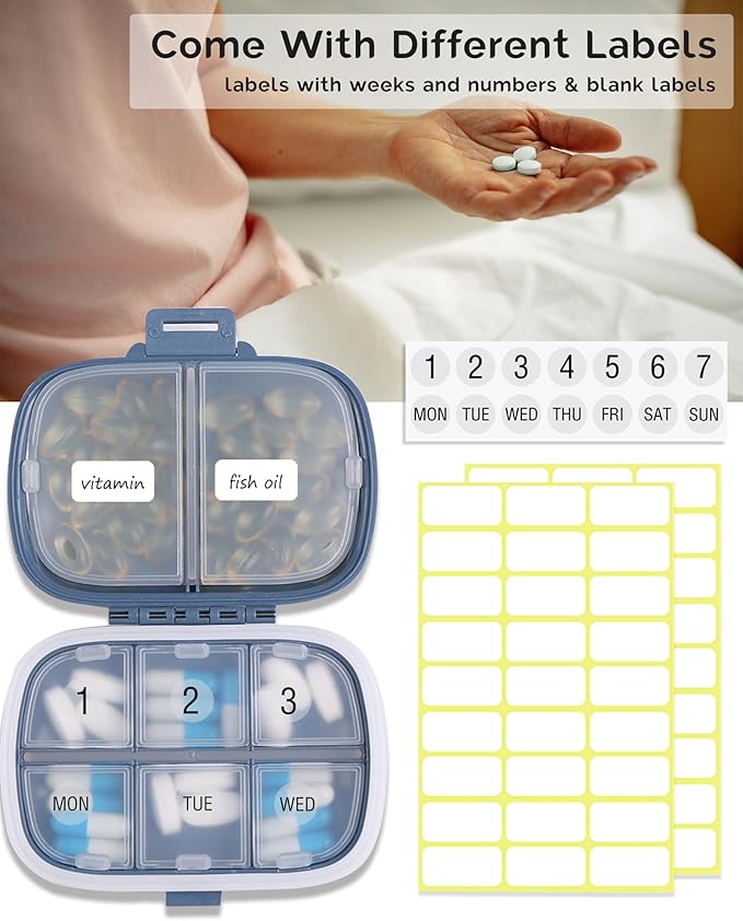 8 Compartments Travel Pill Organizer Box Moisture Proof Small Pill Case for Pocket Purse Daily Pill Holder Container for Medicine Vitamin (Dark Blue & Yellow, 2 Pack)