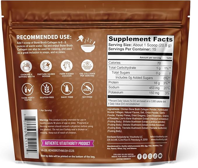 Bone Broth Collagen Powder 16g Collagen Protein per Serving Supports Joints Skin Nails & Gut Health Made from Real Beef Bone Broth Savory Collagen for Soups & Stews Mushrooms Herb Flavored 15 Servings