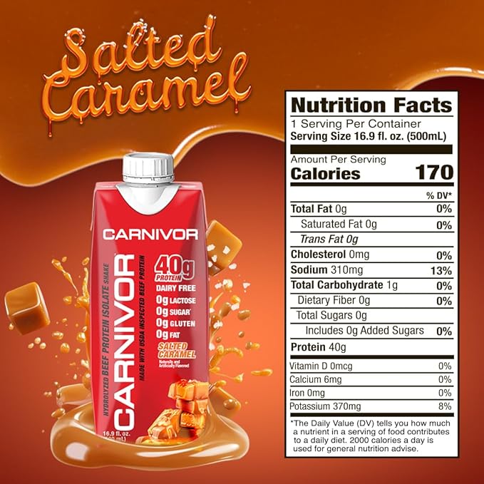 MuscleMeds Carnivor RTD, Ready to Drink Protein, Lactose Free, Sugar Free, 40g Isolate Protein, Muscle Building, Recovery, Halal Certified, Salted Caramel, 16.9 Fl Oz (Pack of 12)